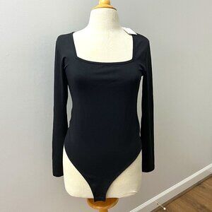 NEW MANGOPOP Women Square Neck Long Sleeve Bodysuit Top Black Sz L